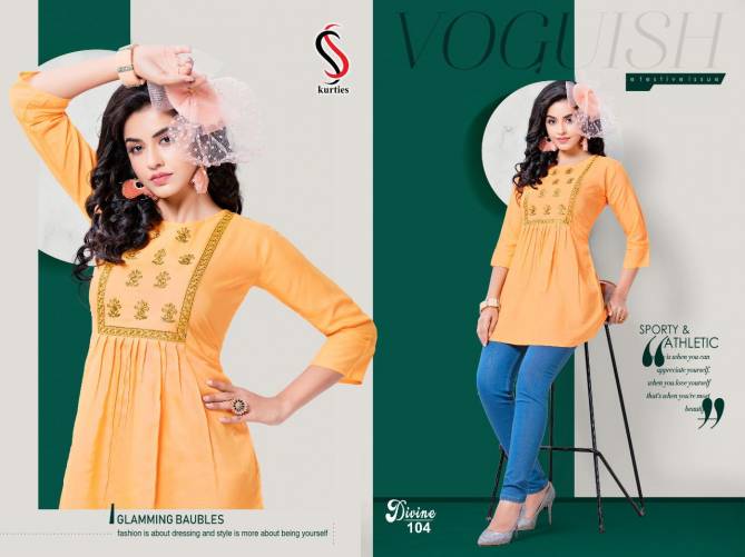 Ss Kurtis Divine  Embroidery Florida Latest Fancy Designer Heavy Casual Wear Rayon Wester Stylish Ladies Top Collection